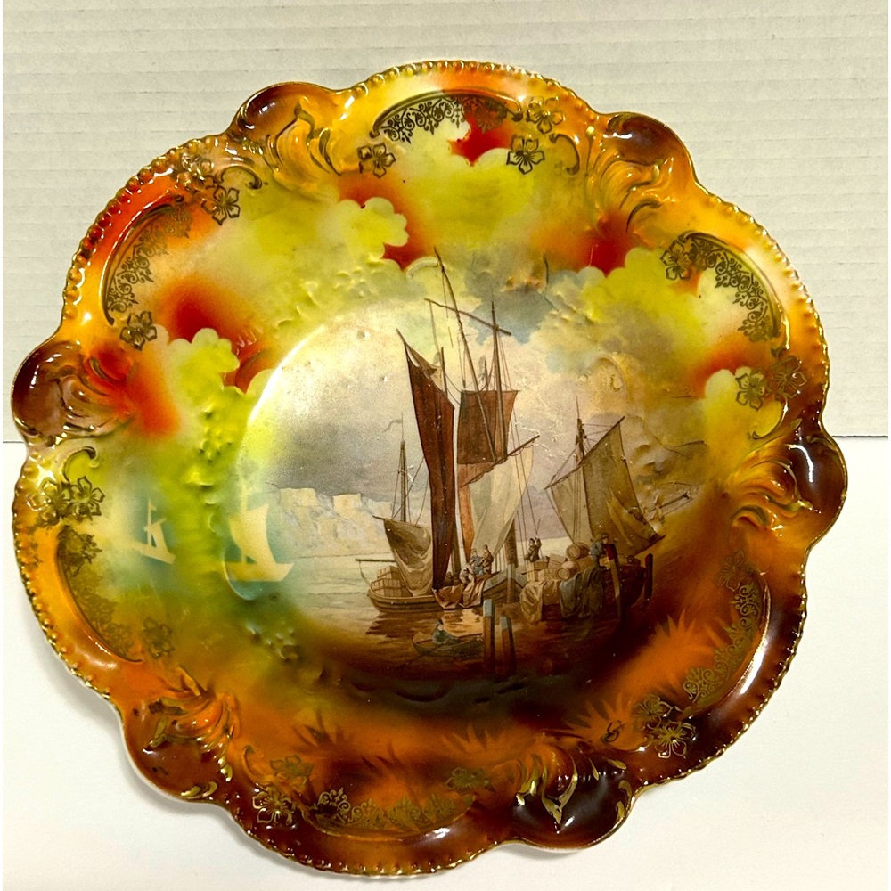RARE Antique R S PRUSSIA Masted Schooner Bowl